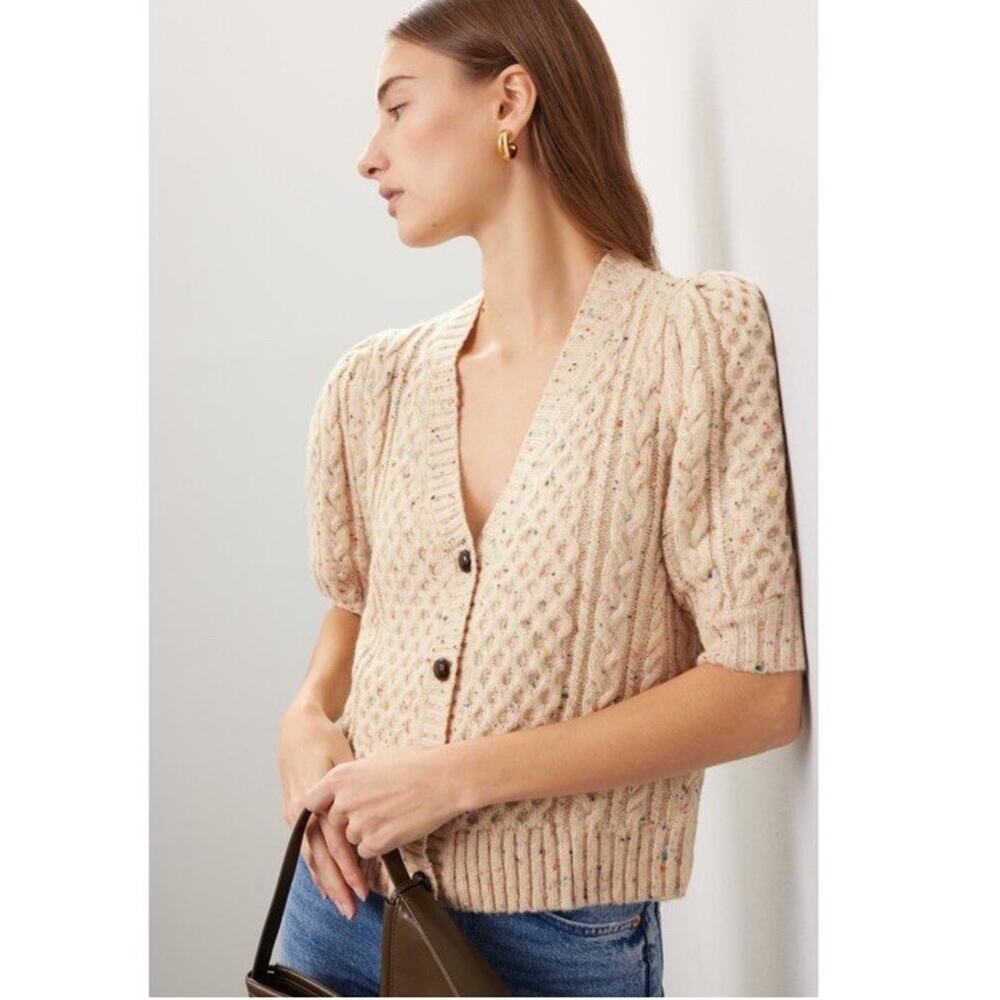 RAILS Isla Cardigan Sweater Short Puff Sleeve Cream Confetti Medium Wool Blend - Picture 4 of 8